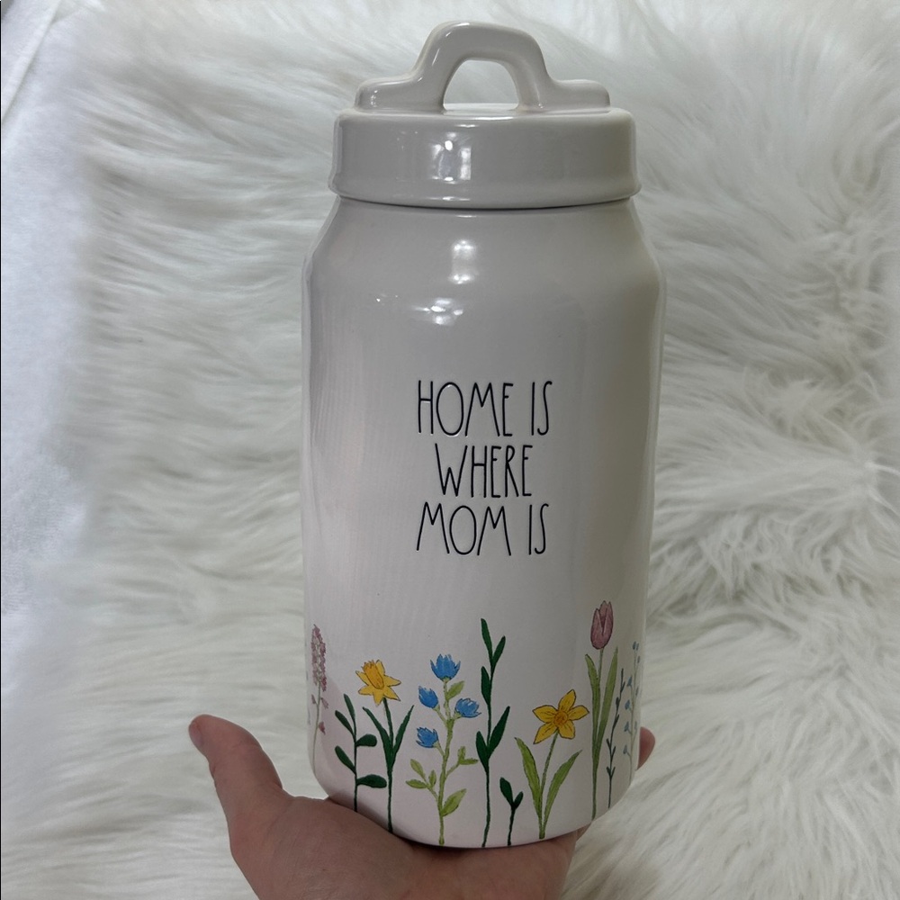 {BNWT} Rae Dunn Floral ‘HOME IS WHERE MOM IS’ Ceramic Canister.